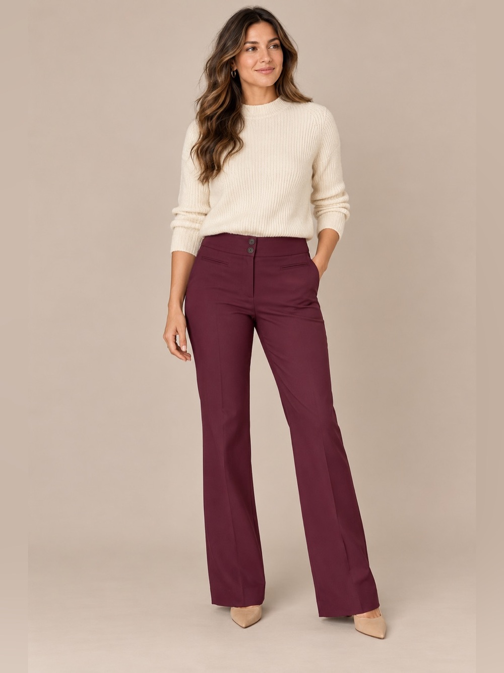 LOFT Petites Kate Maroon Burgundy Flare Dress Pants Size 10P Stretch Trouser
